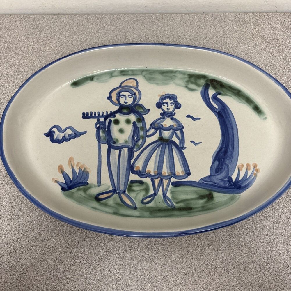 M.A. Hadley Stoneware Pottery Vintage“Farmer and Wife" Platter - 16” X 11”